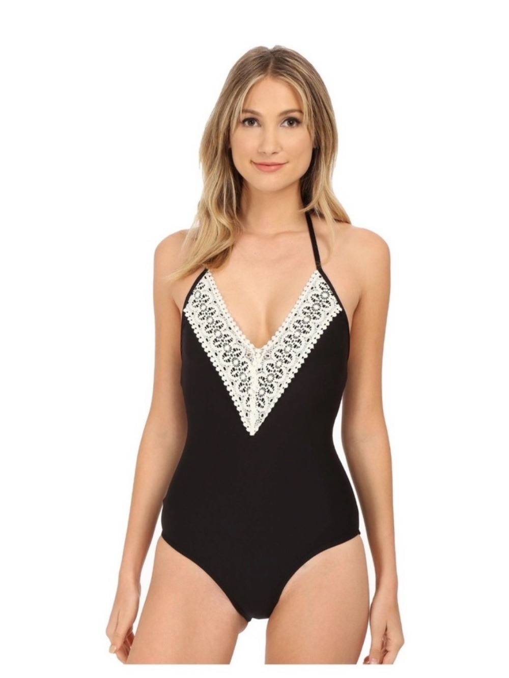 Ella Moss Black One-Piece Swimsuit with White Lace V-Neckline